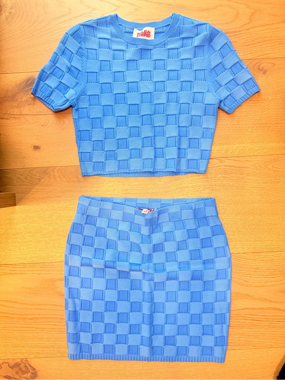 SOLID & STRIPED Bright Blue Knit Checker Short-Sleeve Crop Top and Skirt Set